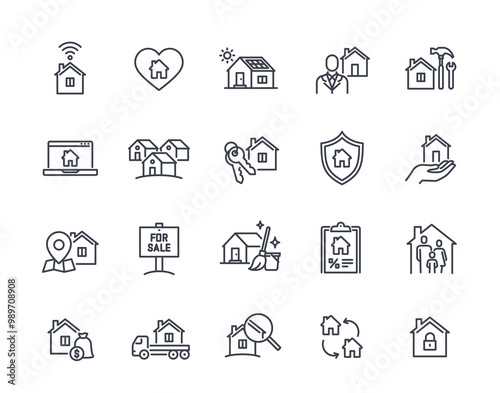 Home line icon set. Simple symbols related to renting and selling apartment, mortgages on real estate and property. Editable stroke. Outline vector illustration collection isolated on white background