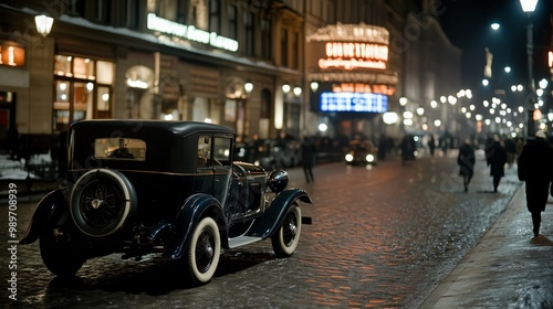 1920s car parked cobblestone street old cinema backdrop capturing bygone era. AI generated photo