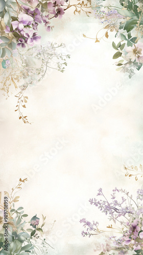 Pastel floral border with greenery, vintage botanical illustration, blank background with copy space