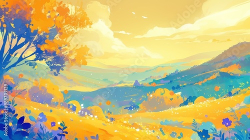 A Vibrant Watercolor Landscape with Hills, Trees, and Flowers