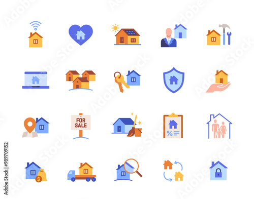 Home icon set. Colorful symbols with real estate, mortgage, property, sale and rent, Design elements for app or website. Flat vector illustration collection isolated on white background