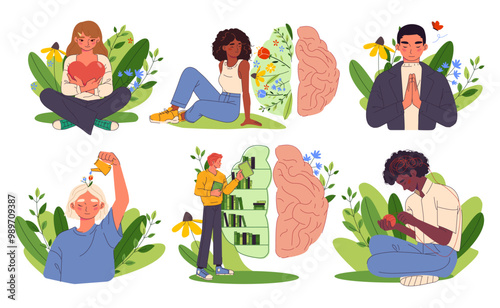 Mental health. Happy characters with healthy mindset and wellbeing. Psychology and Mindfulness. Self love, acceptance and development. Flat vector illustration collection isolated on white background