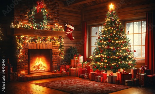 interior christmas. magic glowing tree, fireplace, gifts in dark