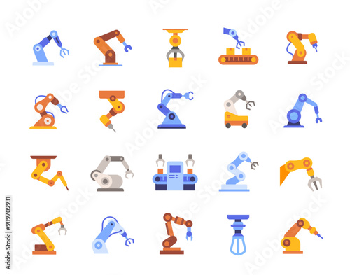Set of robotic hand icons. Colorful signs with automated industrial robot manipulators for factories and plants. Design for app. Flat vector illustration collection isolated on white background
