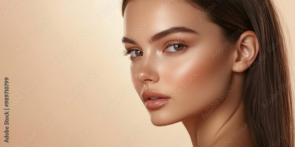 Naklejka premium Stunning portrait of a young woman with flawless skin and natural makeup. The image captures beauty in a bright, minimalistic style. Perfect for health and beauty themes. AI