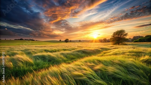 Serene windswept grass field at dusk with soft warm sunset glow , nature, landscape, tranquil, peaceful, evening, meadow