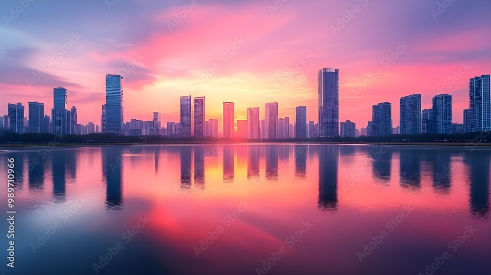 Obraz premium Sun peeking through foggy city streets serene morning images