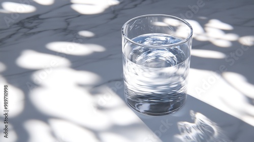 Glass of Water with Leaf Shadows on Marble Surface