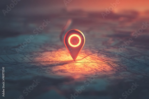 An isolated illustration of a location pin on a simple map grid, with geometric shapes and vibrant colors representing navigation or exploration