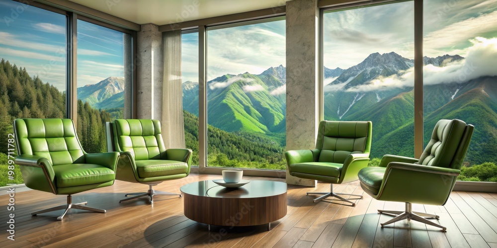 Fototapeta premium Retrofuturistic living room with green leather chairs and a view of the mountains, retrofuturistic, living room