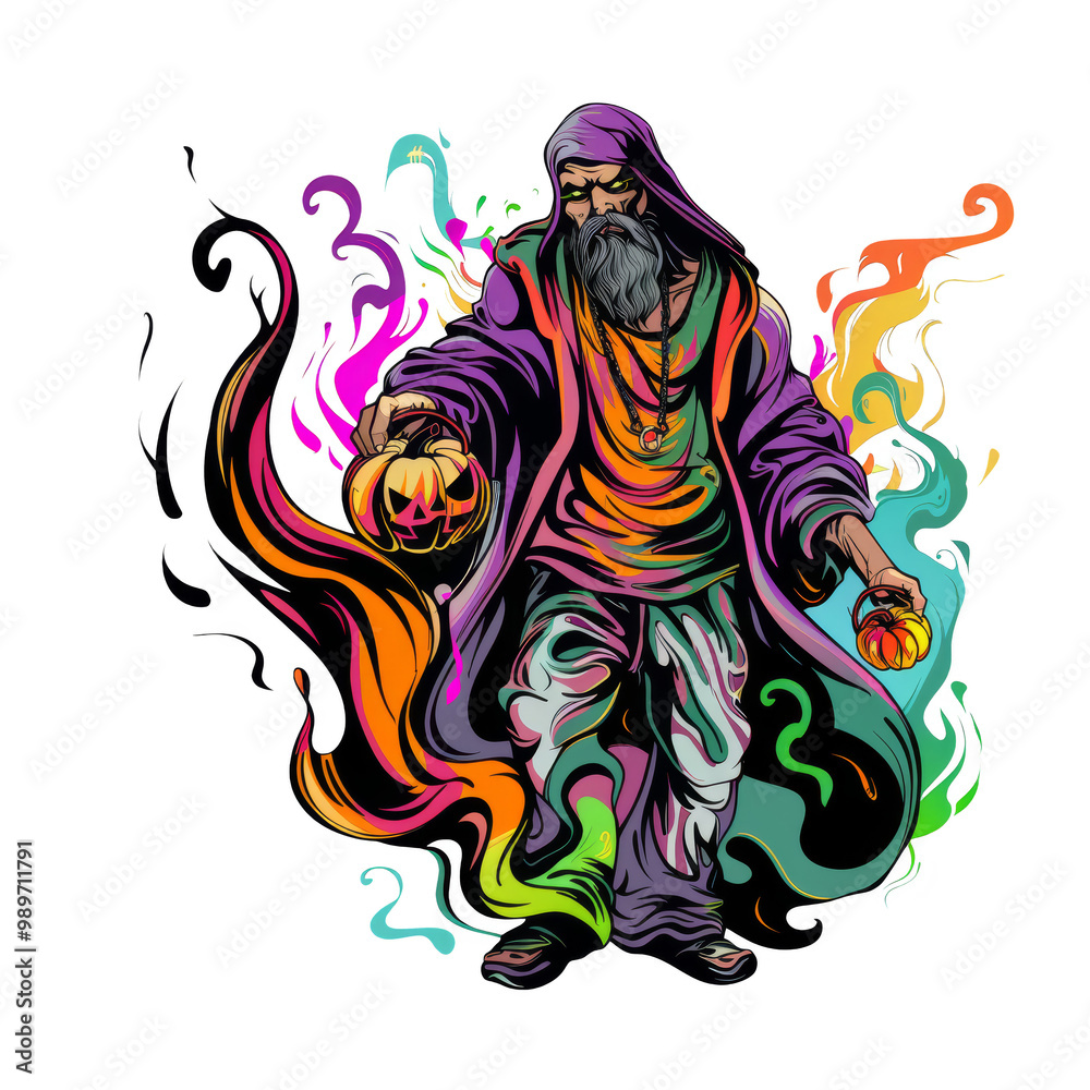 A colorful illustration of a wizard holding a jack-o-lantern. A colorful illustration of a wizard holding a jack-o-lantern.