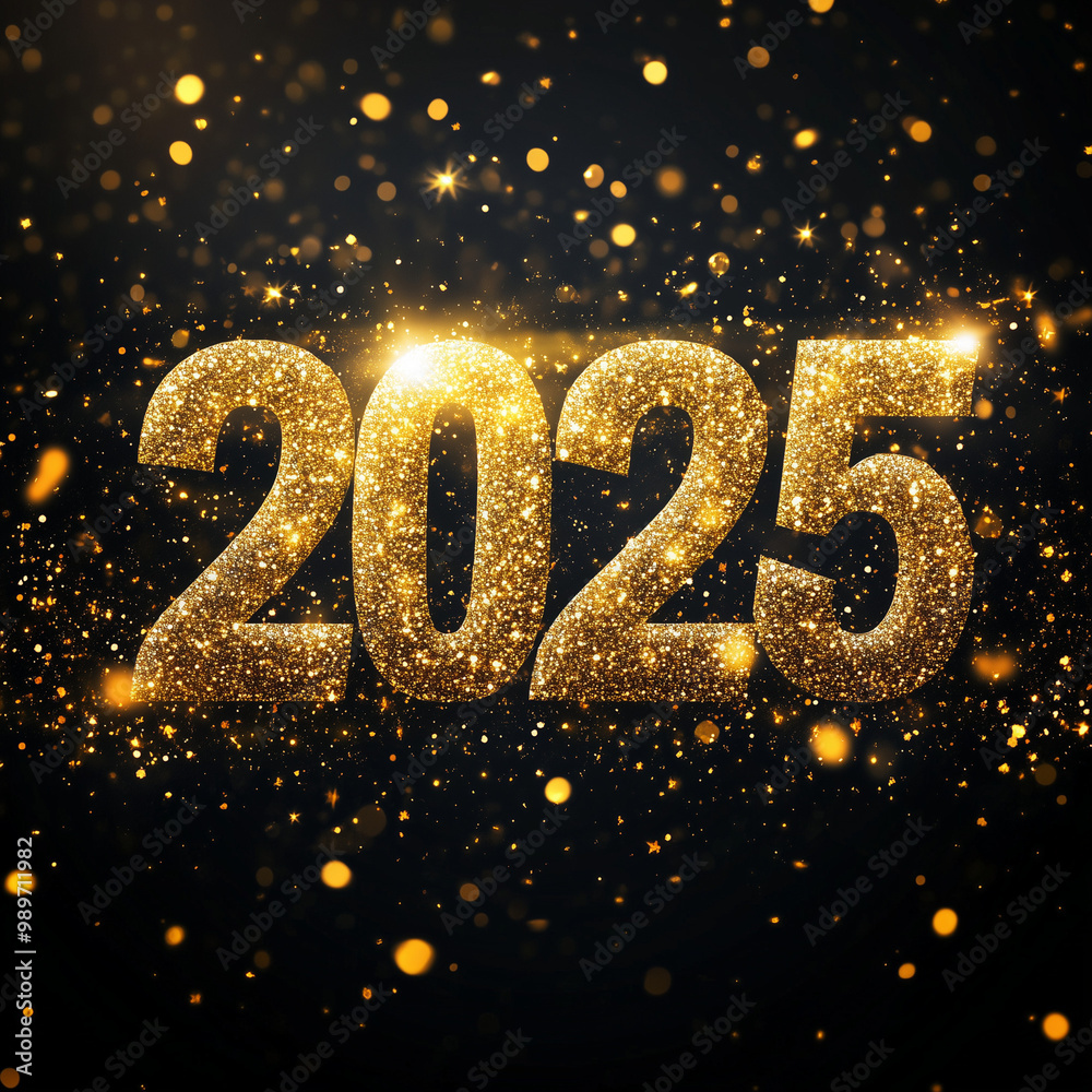 Golden 2025 text with glittering stars, festive New Year typography Golden 2025 text with glittering stars, festive New Year typography