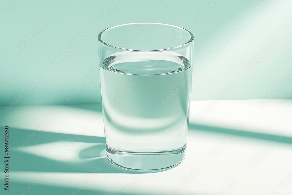 Glass of Water with Green Shadows on Minimalist Background Glass of Water with Green Shadows on Minimalist Background