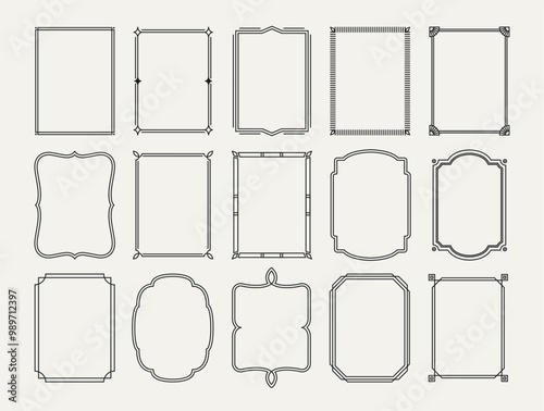 Set of simple line frames. Decorative thin borders with double stroke. Geometric templates for invitations and greeting cards. Outline vector illustration collection isolated on white background