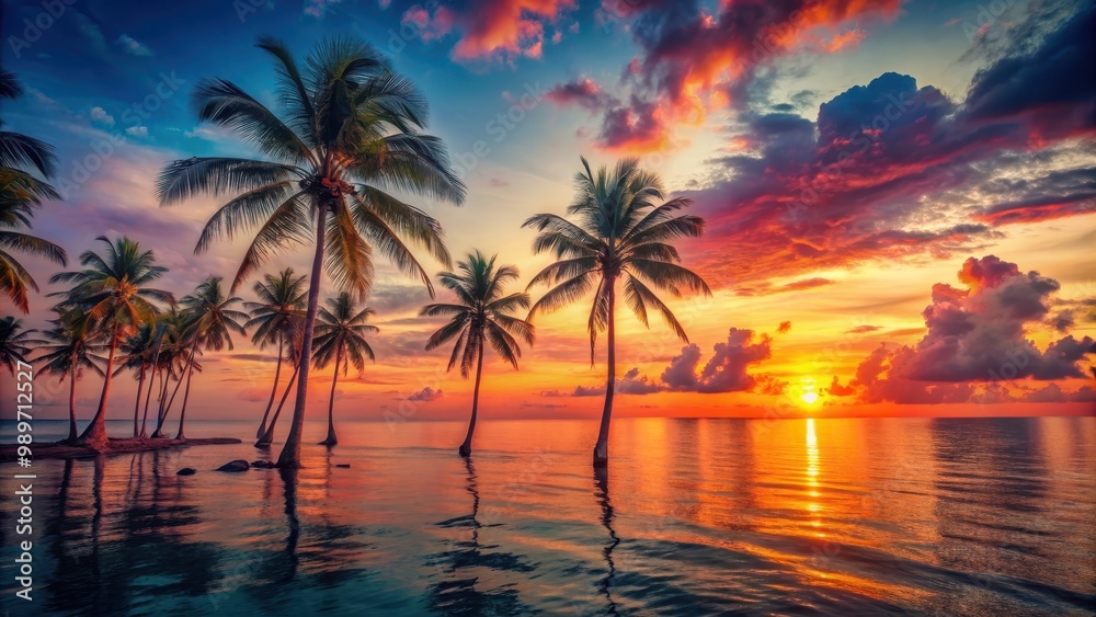 Vibrant sunset over a calm ocean with palm trees and neon colors, ideal for a tropical or retro-themed aesthetic, sunset Vibrant sunset over a calm ocean with palm trees and neon colors, ideal for a tropical or retro-themed aesthetic, sunset