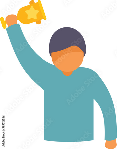 Young man holding trophy celebrating victory with raised hand
