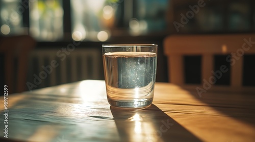 Glass of Water on Wooden Table with Sunlight Reflections photo