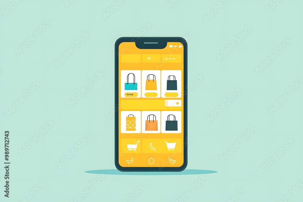 flat illustration of a smartphone with an online shopping app interface, featuring minimal buttons and clean product images, ideal for e-commerce websites
