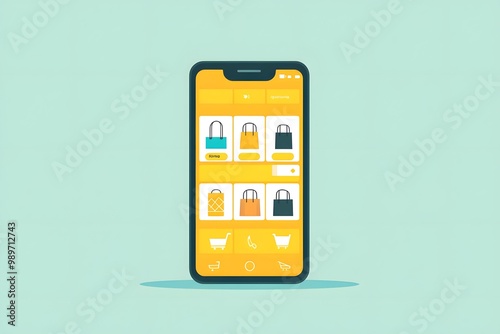 flat illustration of a smartphone with an online shopping app interface, featuring minimal buttons and clean product images, ideal for e-commerce websites