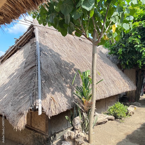 thatched roof house at sade village, lombok island photo