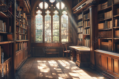 A serene old library with wooden shelves filled with books, sunlight streaming through large windows, creating warm and inviting atmosphere. wooden floor adds to charm of this peaceful reading space