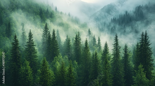 Misty fir forest with soft morning light filtering through the fog