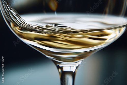 a wine glass half-filled, with the liquid curving gently against the glass and the reflection of the room visible in the surface photo