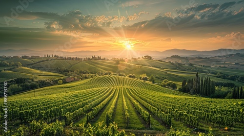Wallpaper Mural Sunset over the vineyard, offering a serene panoramic view. Torontodigital.ca