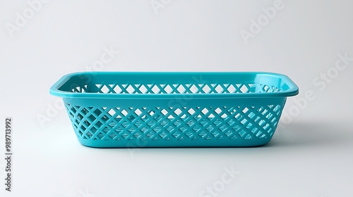 A simple blue plastic storage basket stands alone against a crisp white background.