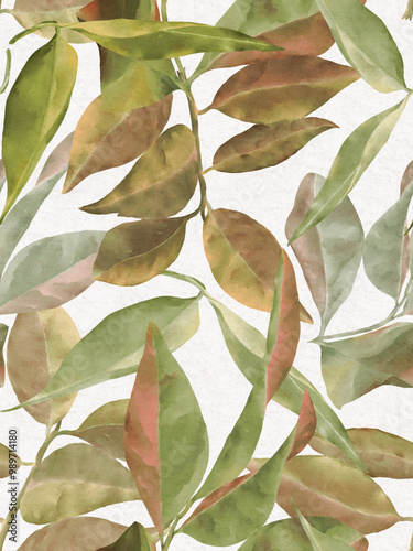 Watercolor leaves seamless pattern with texture.