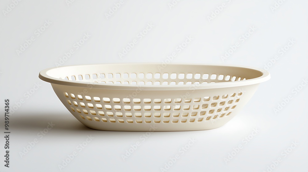 A white oval basket with a grid pattern stands sleek and minimalistic. A white oval basket with a grid pattern stands sleek and minimalistic.