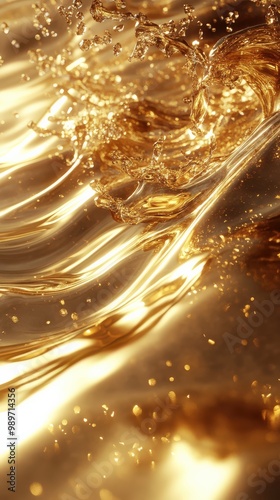 Flowing, glossy liquid gold texture with abstract patterns and high reflections