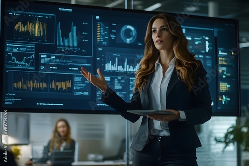 a businesswoman giving a presentation in a modern office, with digital charts and graphs displayed on a large screen behind her
