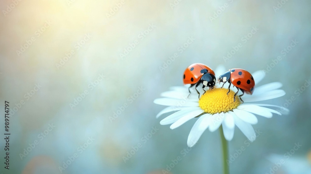 Ladybugs bask in sunlight on delicate daisies, taking in the warmth on a serene spring day in nature Ladybugs bask in sunlight on delicate daisies, taking in the warmth on a serene spring day in nature