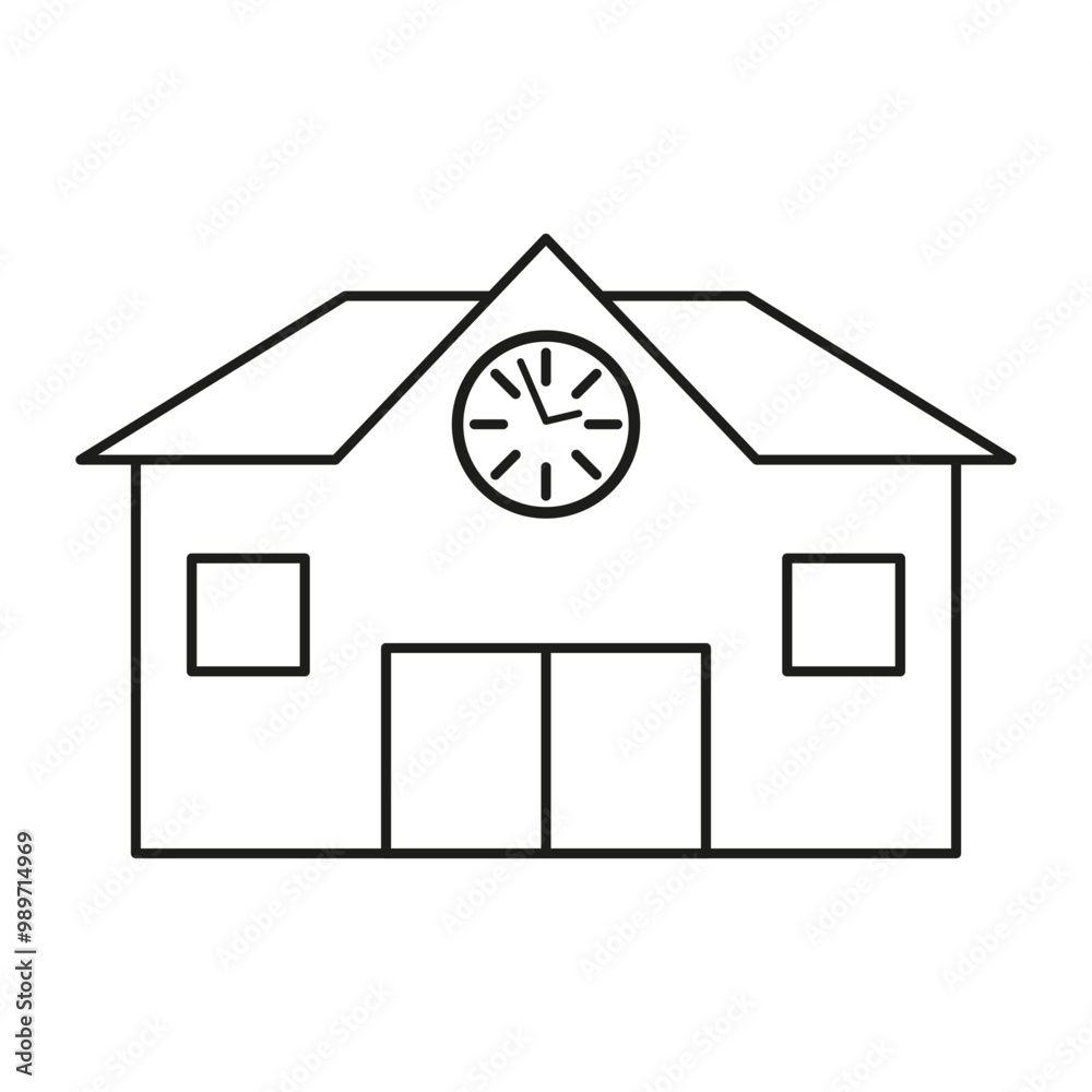 School building icon. Clock on school facade. Educational facility symbol. Black outline drawing. School building icon. Clock on school facade. Educational facility symbol. Black outline drawing.