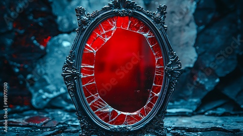 A broken red mirror with an ornate frame stands in the shadows, haunting and dark.