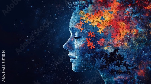 An abstract puzzle woman gazes into a cosmic background, her mind full of mysteries.