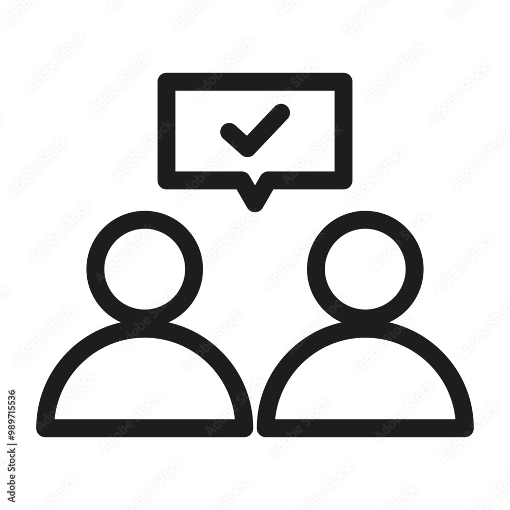 Two people icon. Check mark in bubble. Simple vector design. Black outline style. Two people icon. Check mark in bubble. Simple vector design. Black outline style.