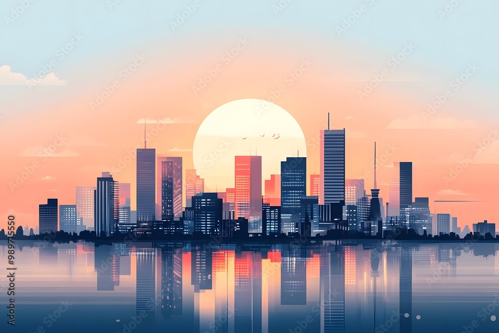Obraz premium minimalistic 2D illustration of a city skyline at sunset, using simple geometric shapes and a soft gradient sky to create a modern, tech-forward look 