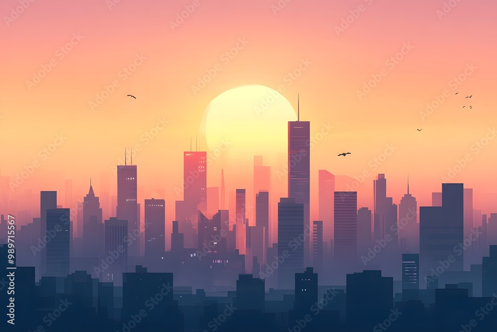 minimalistic 2D illustration of a city skyline at sunset, using simple geometric shapes and a soft gradient sky to create a modern, tech-forward look minimalistic 2D illustration of a city skyline at sunset, using simple geometric shapes and a soft gradient sky to create a modern, tech-forward look