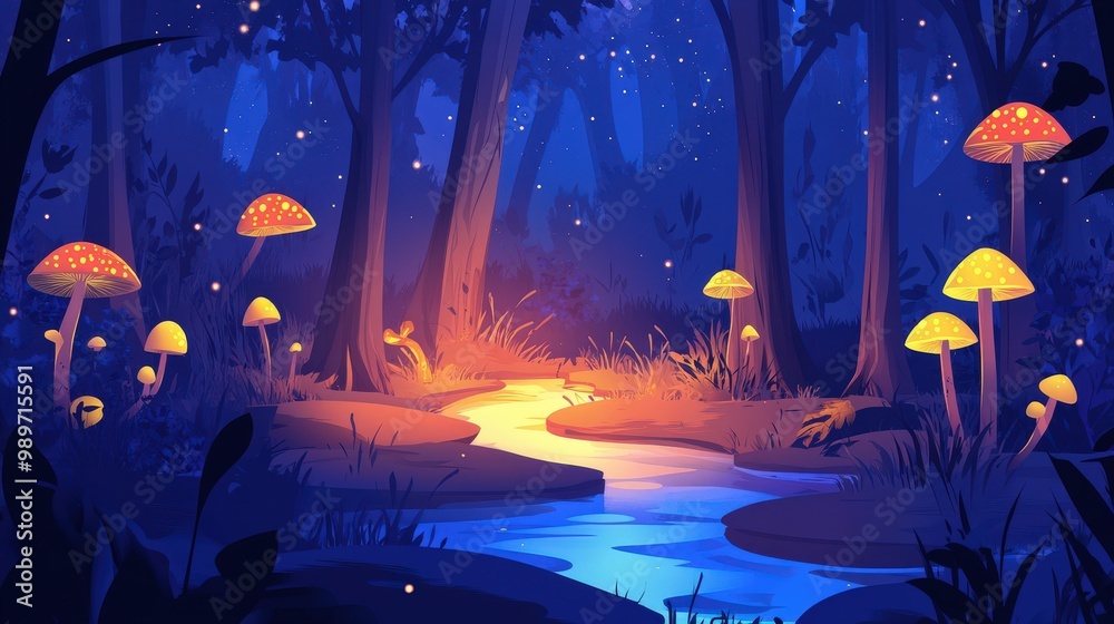 Obraz premium Enchanting Forest Night - 2D Flat Vector Art of Glowing Stream, Luminescent Mushrooms, and Magical Trees Illuminated by Moonlight