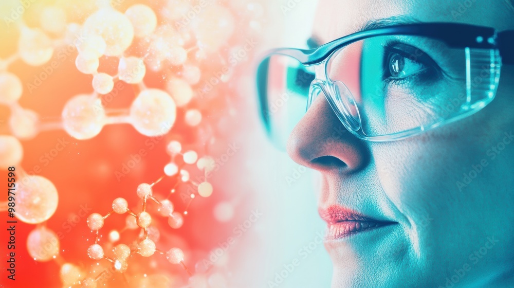 A woman scientist in safety glasses focuses on molecular structures while conducting experiments in a laboratory environment