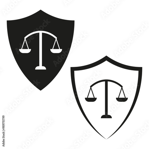 Scales shield icon. Legal protection symbol. Justice balance vector. Law emblem.