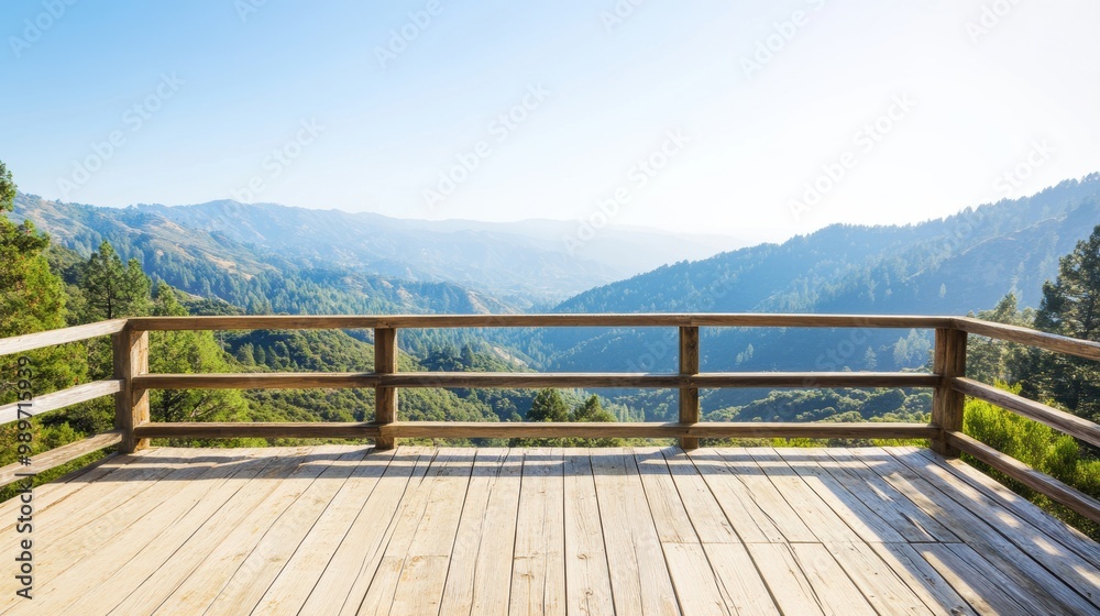 A wooden deck offers a breathtaking view of the surrounding mountains under a clear blue sky, inviting serenity and peace A wooden deck offers a breathtaking view of the surrounding mountains under a clear blue sky, inviting serenity and peace