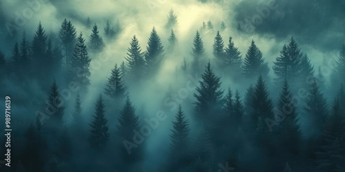 Misty fir forest with soft morning light filtering through the fog