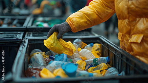 Recycling In 2024, Clothes, People, Green, Throwing Plastic In Recycle Bin, Environment, Safe The Earth photo