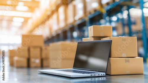 A laptop rests on top of multiple cardboard packages in a spacious warehouse filled with shelves and goods