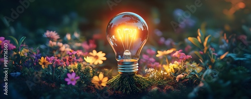 Light bulb extending deep roots into a colorful garden, surrounded by thriving plants and flowers, a metaphor for grounded creativity and natural growth