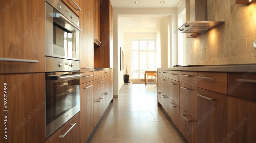 Fototapeta premium This modern kitchen features warm wooden details, sleek appliances, and an open layout that creates an inviting atmosphere for cooking