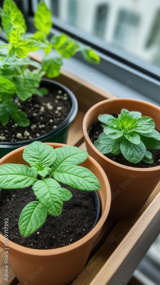 Potted herbs on windowsill, green leaves